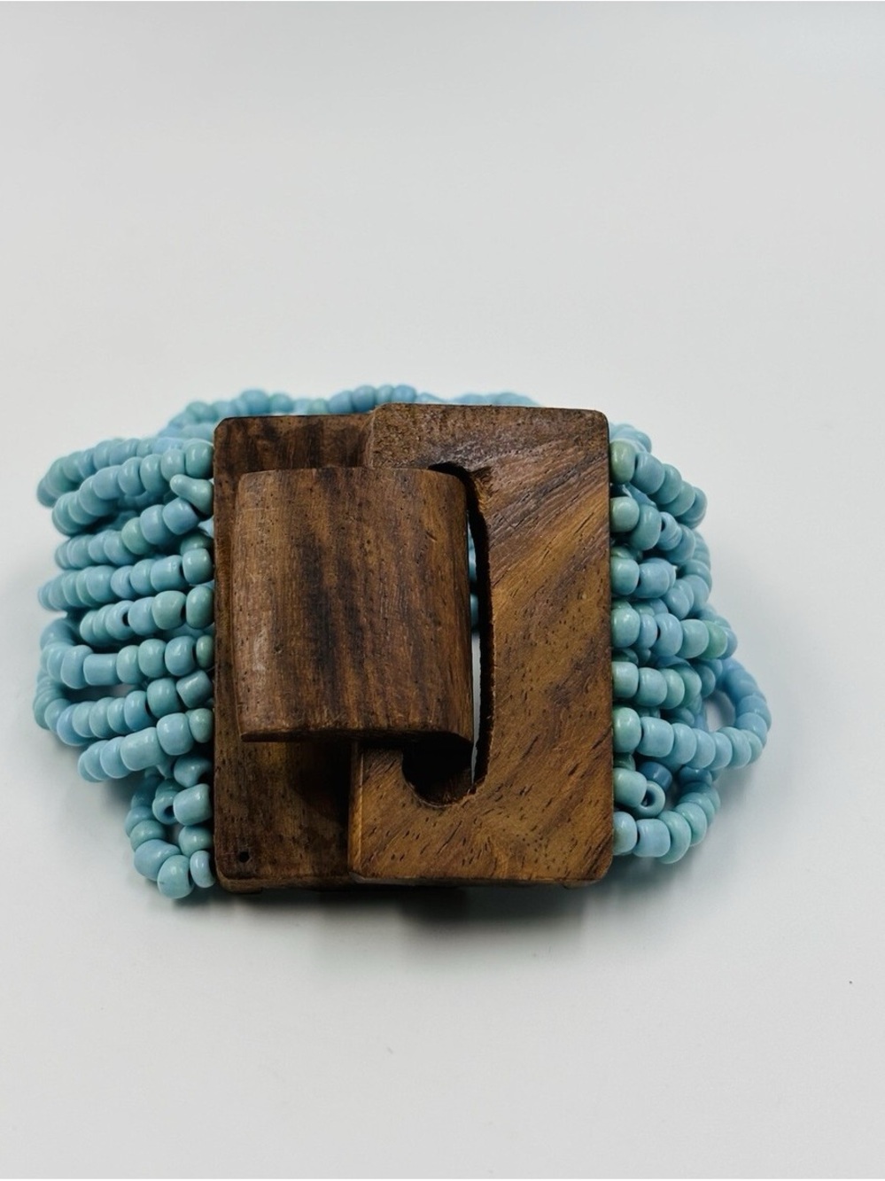 Turquoise Seed Bead Multi-Strand Bracelet with Wooden Clasp